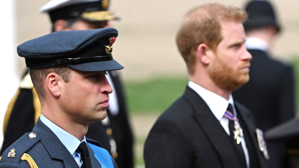 LONDON, ENGLAND - SEPTEMBER 19: Prince William, Prince of Wales and Prince Harry, Duke of Sussex follow behind The Queen's funeral cortege borne on the State Gun Carriage of the Royal Navy as it leaves Westminster Abbey on September 19, 2022 in London, England. Elizabeth Alexandra Mary Windsor was born in Bruton Street, Mayfair, London on 21 April 1926. She married Prince Philip in 1947 and ascended the throne of the United Kingdom and Commonwealth on 6 February 1952 after the death of her Father, King George VI. Queen Elizabeth II died at Balmoral Castle in Scotland on September 8, 2022, and is succeeded by her eldest son, King Charles III.