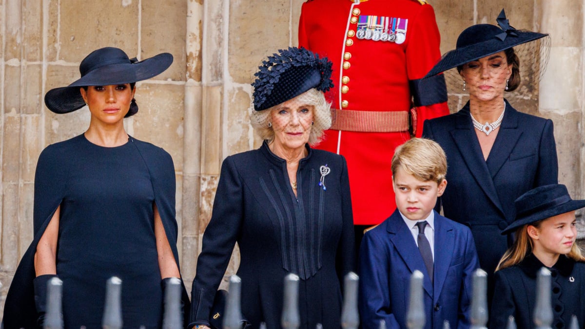 Meghan, Duchess of Sussex, Camilla, Queen Consort, Prince George of Wales, Catherine, Princess of Wales and Princess Charlotte of Wales during the State Funeral of Queen Elizabeth II at Westminster Abbey on September 19, 2022 in London, England. Elizabeth Alexandra Mary Windsor was born in Bruton Street, Mayfair, London on 21 April 1926. She married Prince Philip in 1947 and ascended the throne of the United Kingdom and Commonwealth on 6 February 1952 after the death of her Father, King George VI. Queen Elizabeth II died at Balmoral Castle in Scotland on September 8, 2022, and is succeeded by her eldest son, King Charles III.