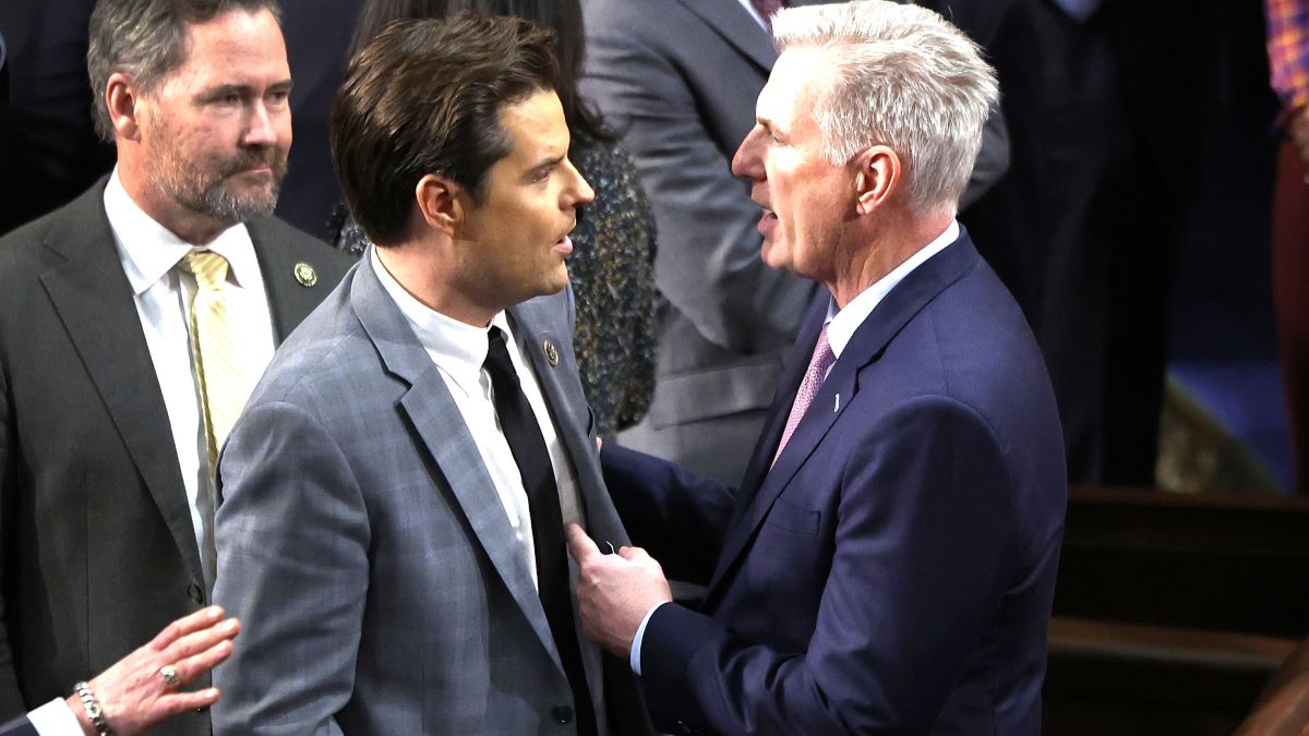 U.S. House Republican Leader Kevin McCarthy (R-CA) (L) talks to Rep.-elect Matt Gaetz (R-FL) in the House Chamber after Gaetz voted present during the fourth day of voting for Speaker of the House at the U.S. Capitol Building on January 06, 2023 in Washington, DC. The House of Representatives is meeting to vote for the next Speaker after House Republican Leader Kevin McCarthy (R-CA) failed to earn more than 218 votes on several ballots; the first time in 100 years that the Speaker was not elected on the first ballot. (Photo by Chip Somodevilla/Getty Images)