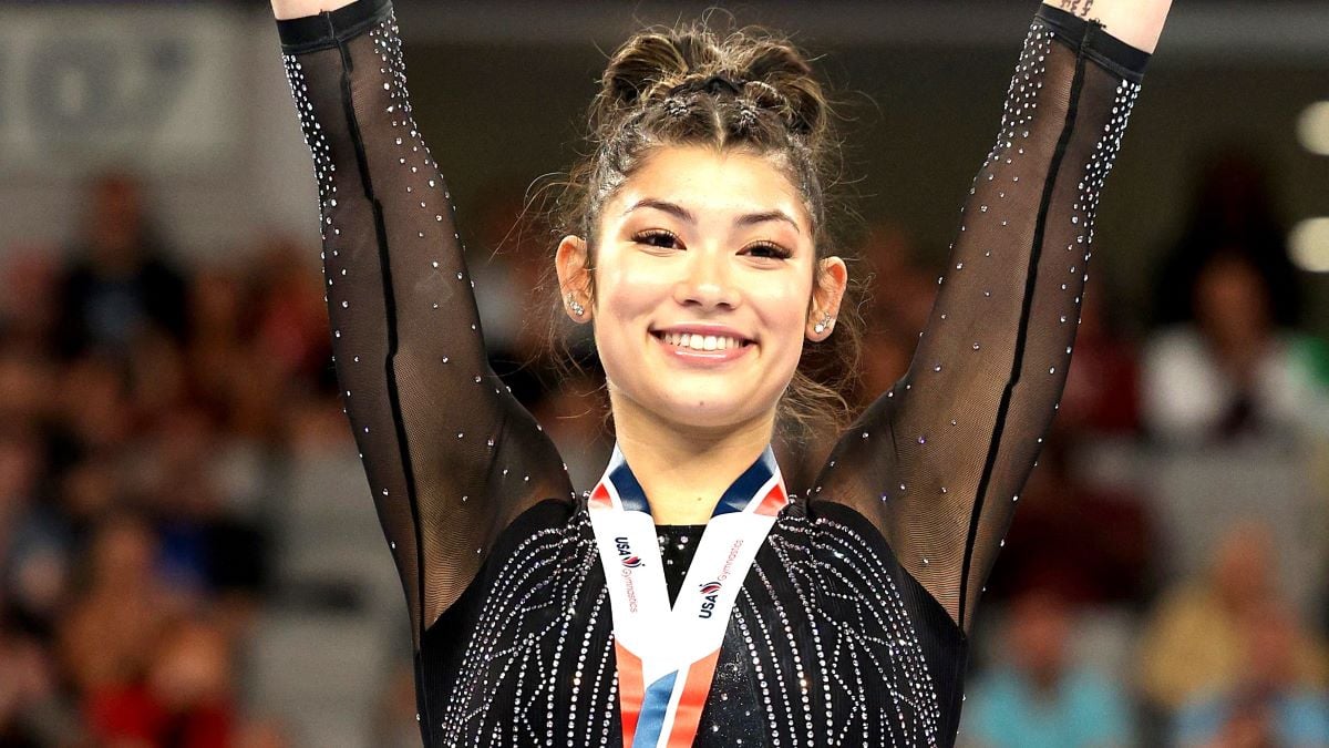 Second place winner Kayla DiCello celebrates on the podium for the floor exercise during the 2024 Xfinity U.S. Gymnastics Championships at Dickies Arena on June 02, 2024 in Fort Worth, Texas. (Photo by Elsa/Getty Images)