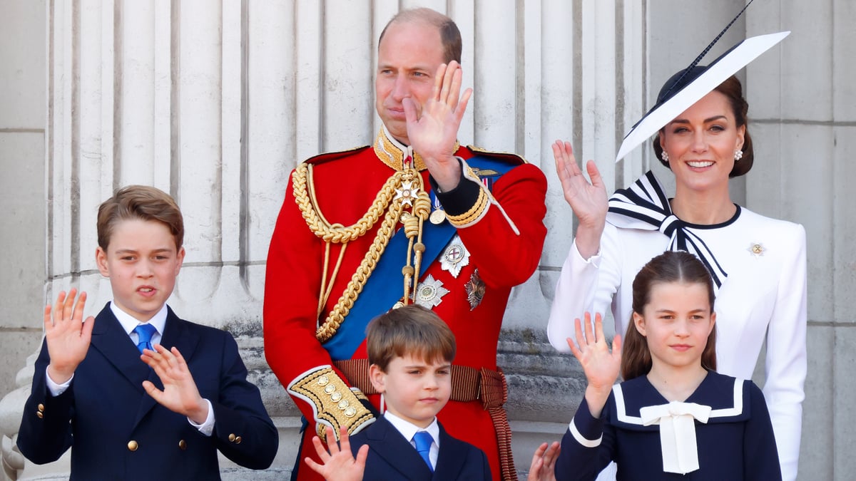 Prince George of Wales, Prince William, Prince of Wales (Colonel of the Welsh Guards), Prince Louis of Wales, Princess Charlotte of Wales and Catherine, Princess of Wales watch an RAF flypast from the balcony of Buckingham Palace after attending Trooping the Colour on June 15, 2024 in London, England. Trooping the Colour, also known as The King's Birthday Parade, is a military ceremony to mark the official birthday of the British Sovereign. The ceremony takes place at Horse Guards Parade followed by a flypast over Buckingham Palace and was first performed in the mid-17th century during the reign of King Charles II. The parade features all seven regiments of the Household Division with Number 9 Company, Irish Guards being the regiment this year having their Colour Trooped.