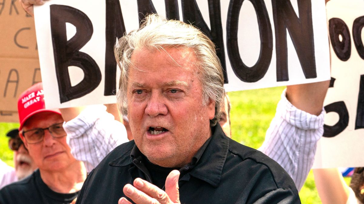 teve Bannon, the former Donald Trump White House strategist, addresses the media at the Federal Correctional Institution Danbury where he is expected to begin his four-month sentence on July 1, 2024 in Danbury, Connecticut. Bannon will be imprisoned for contempt of Congress, his conviction for not complying with issued subpoenas by the now-defunct House Select Committee that investigated the January 6, 2021 attack on the Capitol. Bannon attempted to avoid reporting to prison while challenging his conviction before the federal appeals court in Washington, DC but was denied by the Supreme Court. (Photo by David Dee Delgado/Getty Images)
