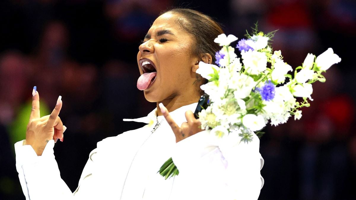 Jordan Chiles celebrates after being selected for the 2024 U.S. Olympic Women's Gymnastics Team on Day Four of the 2024 U.S. Olympic Team Gymnastics Trials at Target Center on June 30, 2024 in Minneapolis, Minnesota. (Photo by Elsa/Getty Images)
