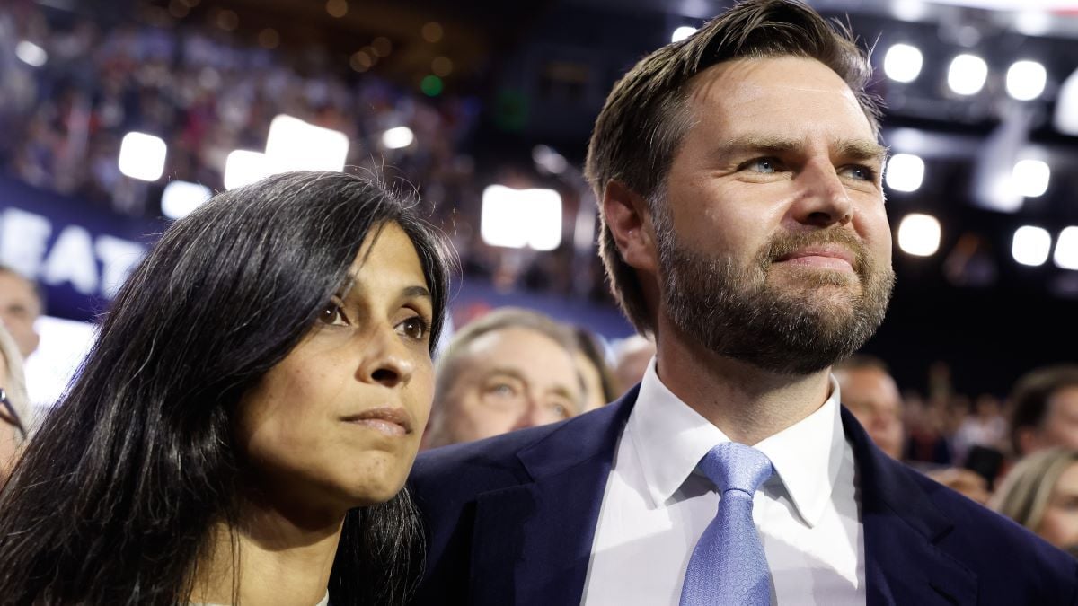 U.S. Sen. J.D. Vance (R-OH) and his wife Usha Chilukuri Vance look on as he is nominated for the office of Vice President on the first day of the Republican National Convention at the Fiserv Forum on July 15, 2024 in Milwaukee, Wisconsin. Delegates, politicians, and the Republican faithful are in Milwaukee for the annual convention, concluding with former President Donald Trump accepting his party's presidential nomination. The RNC takes place from July 15-18. (Photo by Anna Moneymaker/Getty Images)