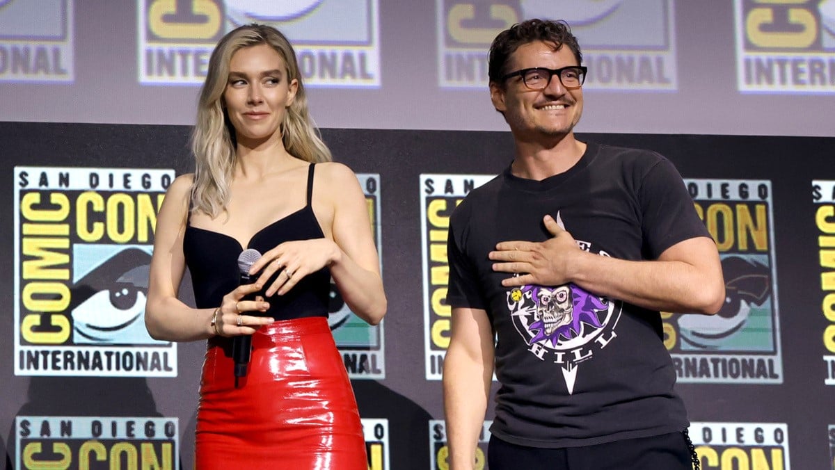 Vanessa Kirby and Pedro Pascal speak onstage during the Marvel Studios Panel in Hall H at SDCC in San Diego, California on July 27, 2024