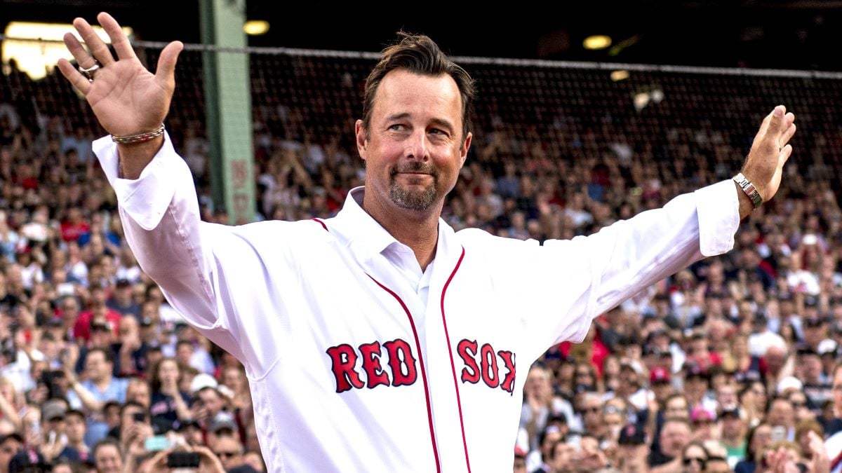Former Boston Red Sox left pitcher Tim Wakefield is introduced during a ceremony for the retirement of the jersey number of David Ortiz before a game against the Los Angeles Angels of Anaheim on June 23, 2017 at Fenway Park in Boston, Massachusetts. (Photo by Billie Weiss/Boston Red Sox/Getty Images)