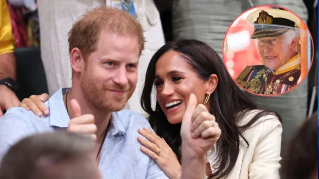 Prince Harry, Duke of Sussex and Meghan, Duchess of Sussex Germany attend the sitting volleyball match between Poland and Germany as fans sing "Happy Birthday" to him at the Merkur Spiel-Arena during day six of the Invictus Games Düsseldorf 2023 on September 15, 2023 in Duesseldorf, Germany. Prince Harry celebrates his 39th birthday today/King Charles III travels by carriage from the Houses of Parliament on July 17, 2024 in London, England. King Charles III delivers the King's Speech setting out the new Labour government's policies and proposed legislation for the coming parliamentary session.