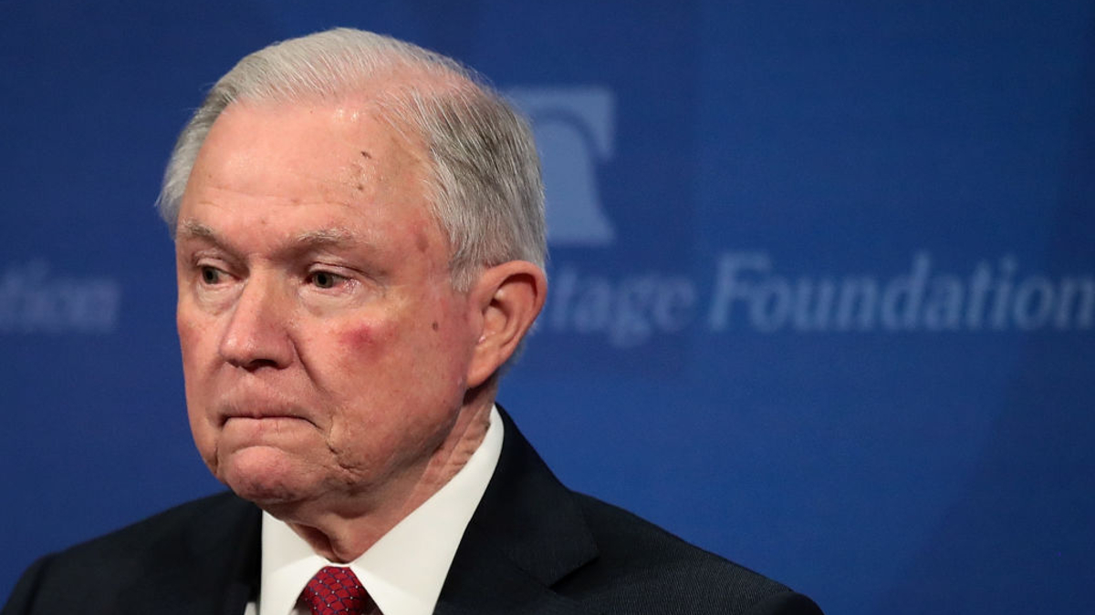 U.S. Attorney General Jeff Sessions pauses while speaking at the Heritage Foundation's Legal Strategy Forum, October 26, 2017 in Washington, DC. His remarks focused on Constitutional principals and the rule of law. 