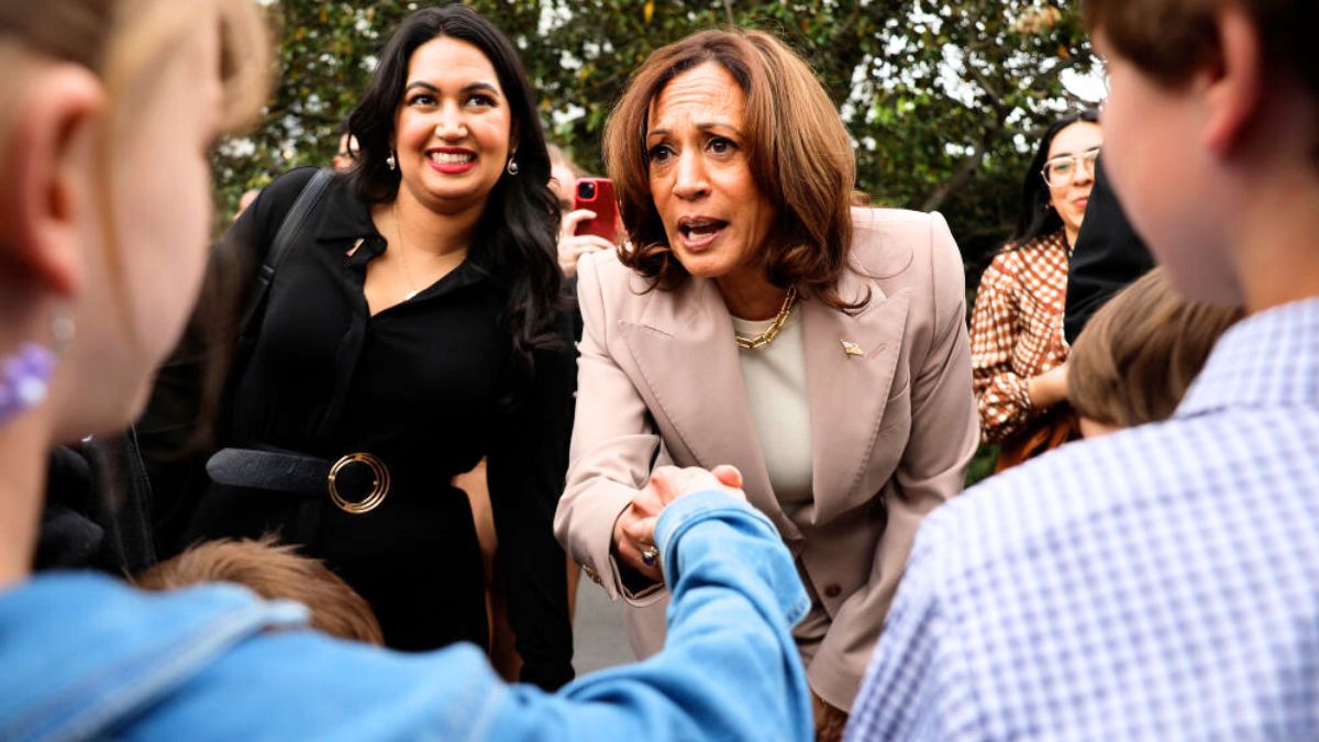WASHINGTON, DC - APRIL 25: U.S. Vice President Kamala Harris greets the children of White House employees during an event marking "Take Our Daughters and Sons To Work Day" on the South Lawn of the White House on April 25, 2024 in Washington, DC. The tradition began in 1992 as "Take Our Daughters to Work Day," and was founded by feminist icon Gloria Steinem as part of the Ms. Foundation. (Photo by Chip Somodevilla/Getty Images)