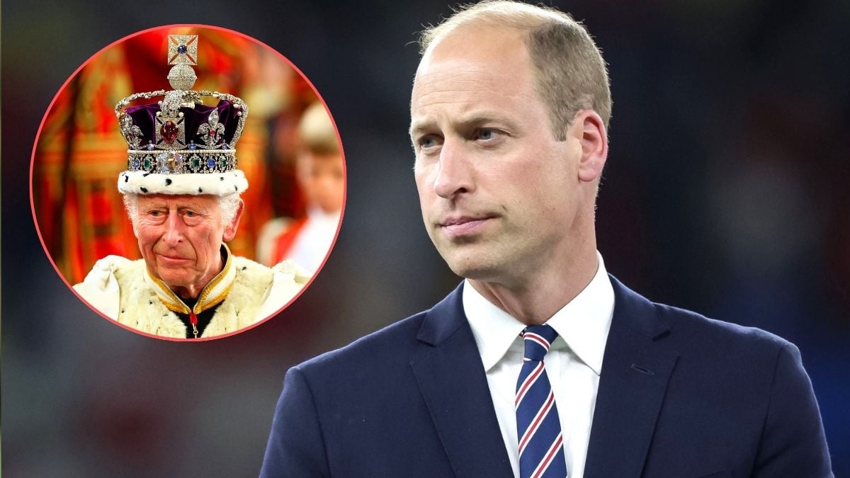 Prince William of England looks on during the UEFA EURO 2024 final match between Spain and England at Olympiastadion on July 14, 2024 in Berlin, Germany/ing Charles III wears the Imperial State Crown on the day of the State Opening of Parliament at the Palace of Westminster on July 17, 2024 in London, England.