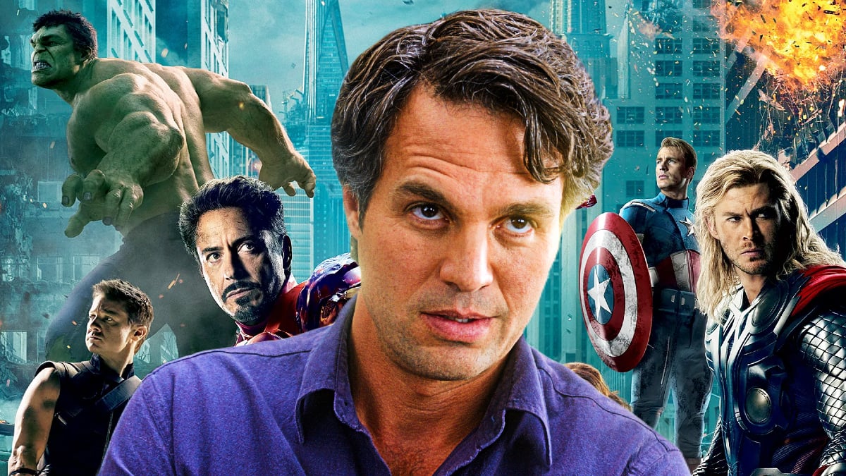 Mark Ruffalo's Bruce Banner with The Avengers poster