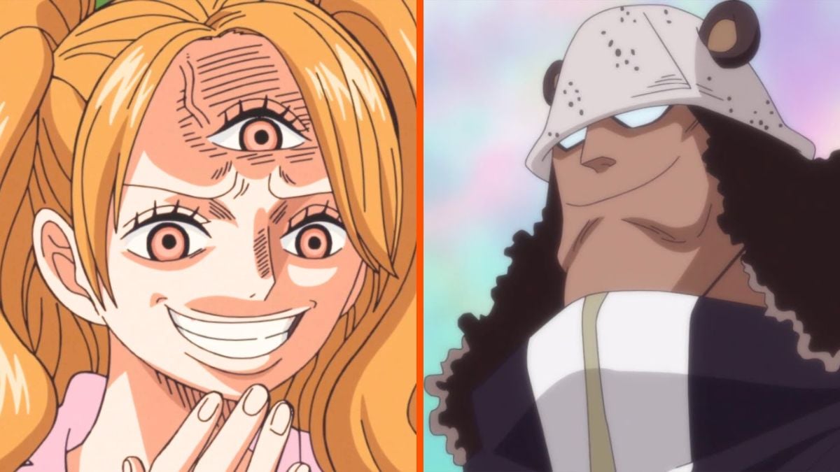 An image of One Piece's Pudding and another one of Kuma, both smiling