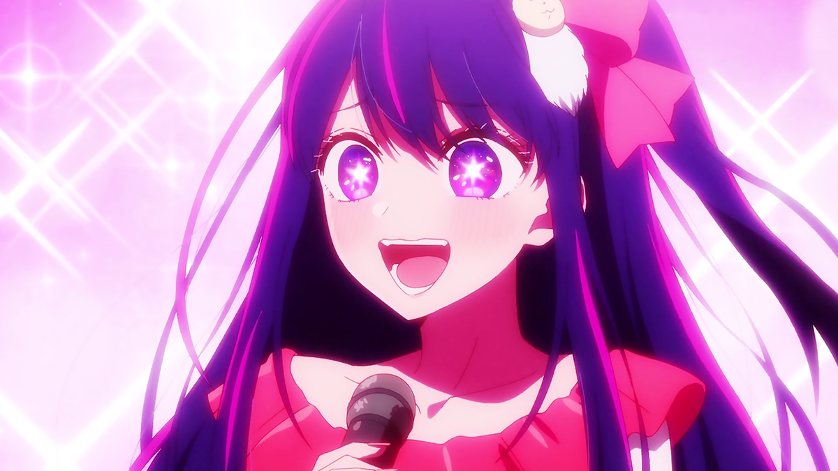 Ai Hoshino at her concert holding a microphone in episode 1 of Oshi No Ko