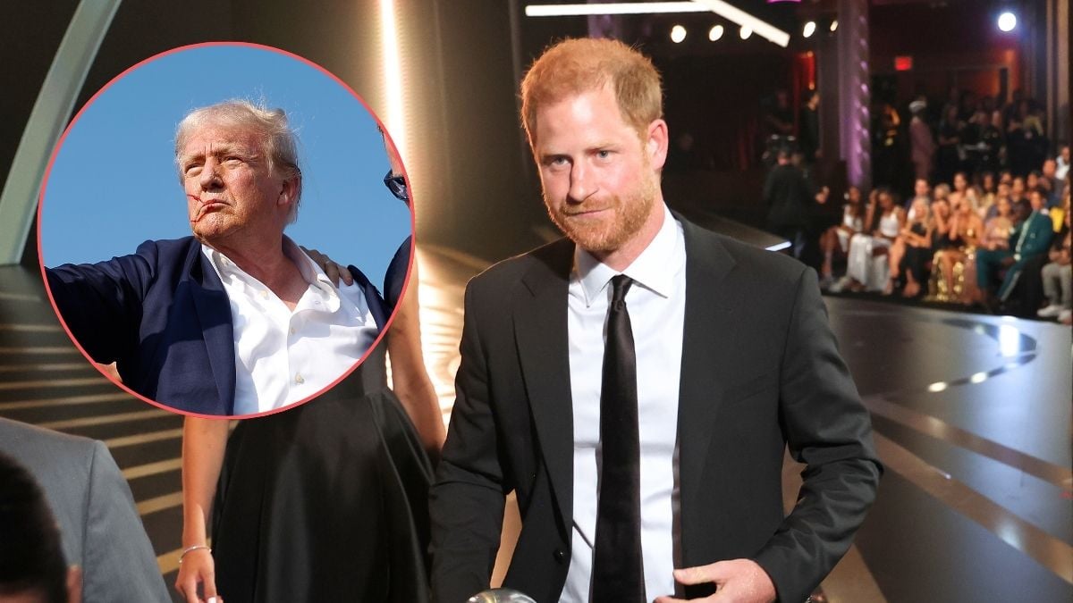 Prince Harry, Duke of Sussex (R) walks onstage during the 2024 ESPY Awards at Dolby Theatre on July 11, 2024 in Hollywood, California/Republican presidential candidate former President Donald Trump pumps his fist as he is rushed offstage by U.S. Secret Service agents after being grazed by a bullet during a rally on July 13, 2024 in Butler, Pennsylvania.