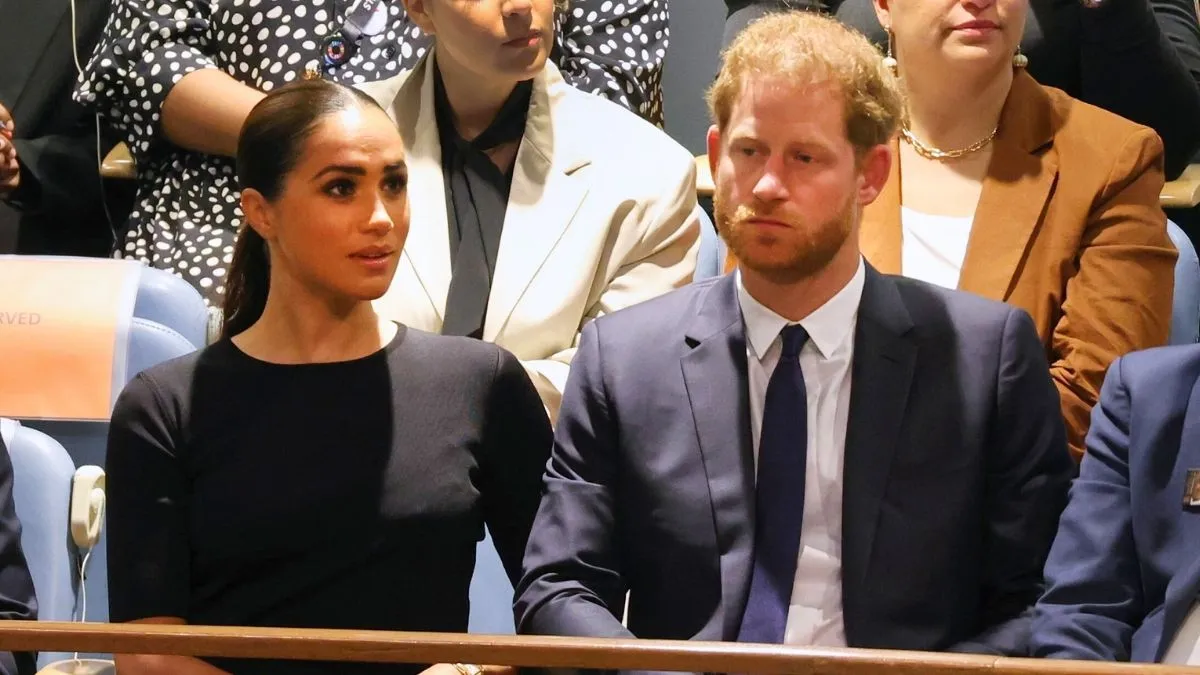 Prince Harry, Duke of Sussex sits with his wife Meghan, Duchess of Sussex, before he addresses the United Nations (UN) General Assembly during the UN's annual celebration of Nelson Mandela International Day on July 18, 2022 in New York City.