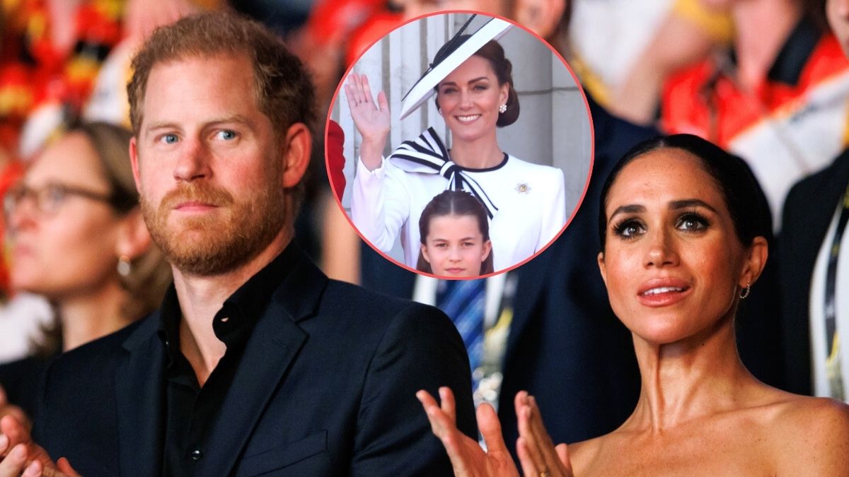 Prince Harry, Duke of Sussex and Meghan, Duchess of Sussex are seen during the closing ceremony of the Invictus Games Düsseldorf 2023 at Merkur Spiel-Arena on September 16, 2023 in Duesseldorf, Germany/Catherine, Princess of Wales, and Princess Charlotte of Wales on the balcony during Trooping the Colour at Buckingham Palace on June 15, 2024 in London, England