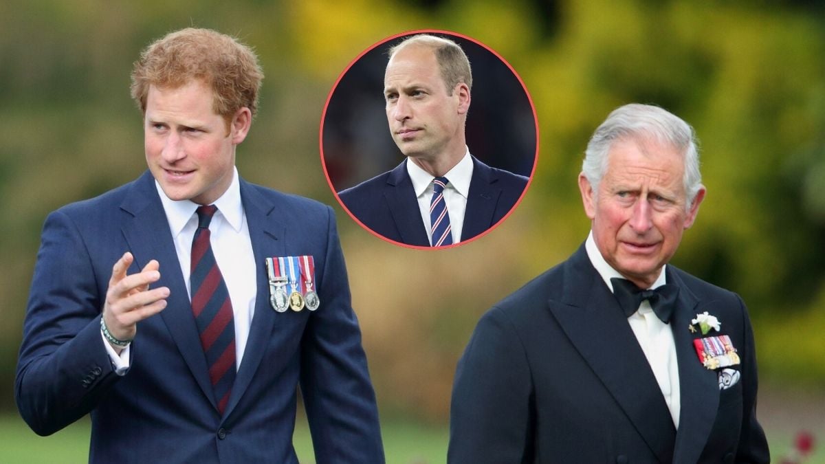 Prince Harry and Prince Charles, Prince of Wales attend the Gurkha 200 Pageant at the Royal Hospital Chelsea on June 9, 2015 in London, England/Prince William of England looks on during the UEFA EURO 2024 final match between Spain and England at Olympiastadion on July 14, 2024 in Berlin, Germany