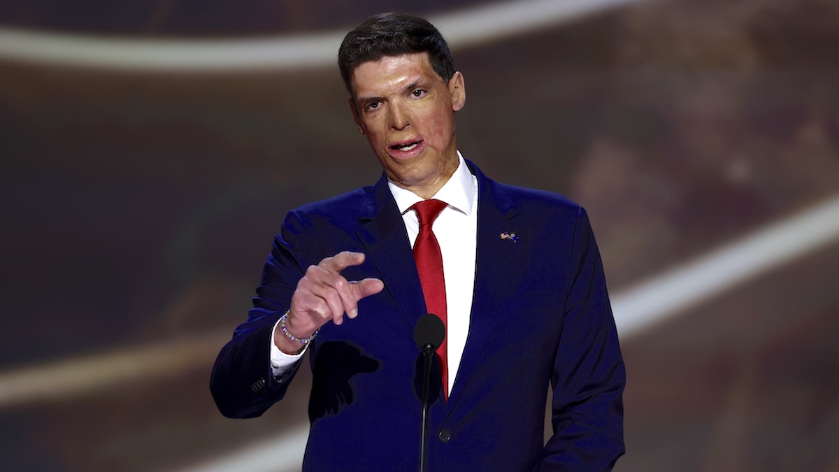 Nevada Republican U.S. Senate candidate Sam Brown speaks on stage on the second day of the Republican National Convention at the Fiserv Forum on July 16, 2024
