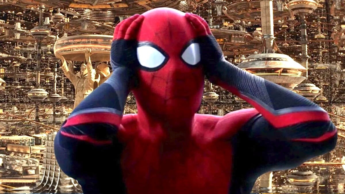 A shocked Spidey from Spider-Man: Far From Home superimposed over the TVA from Loki.