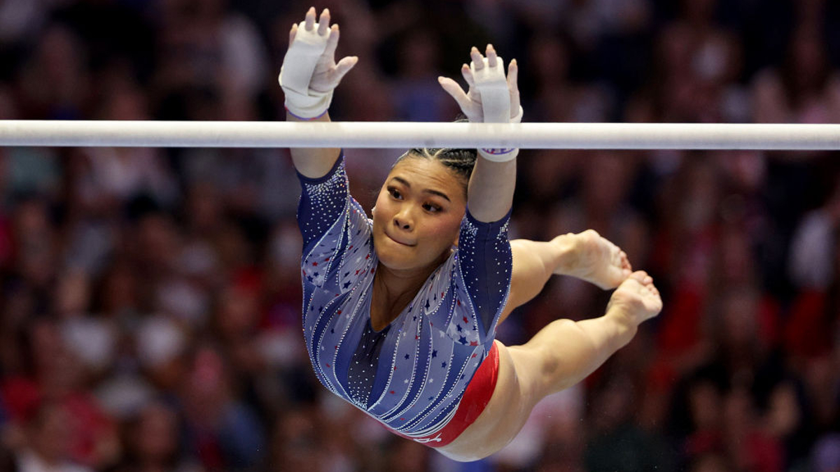 Suni Lee competes on the uneven bars on Day Four of the 2024 U.S. Olympic Team Gymnastics Trials at Target Center on June 30, 2024 in Minneapolis, Minnesota.
