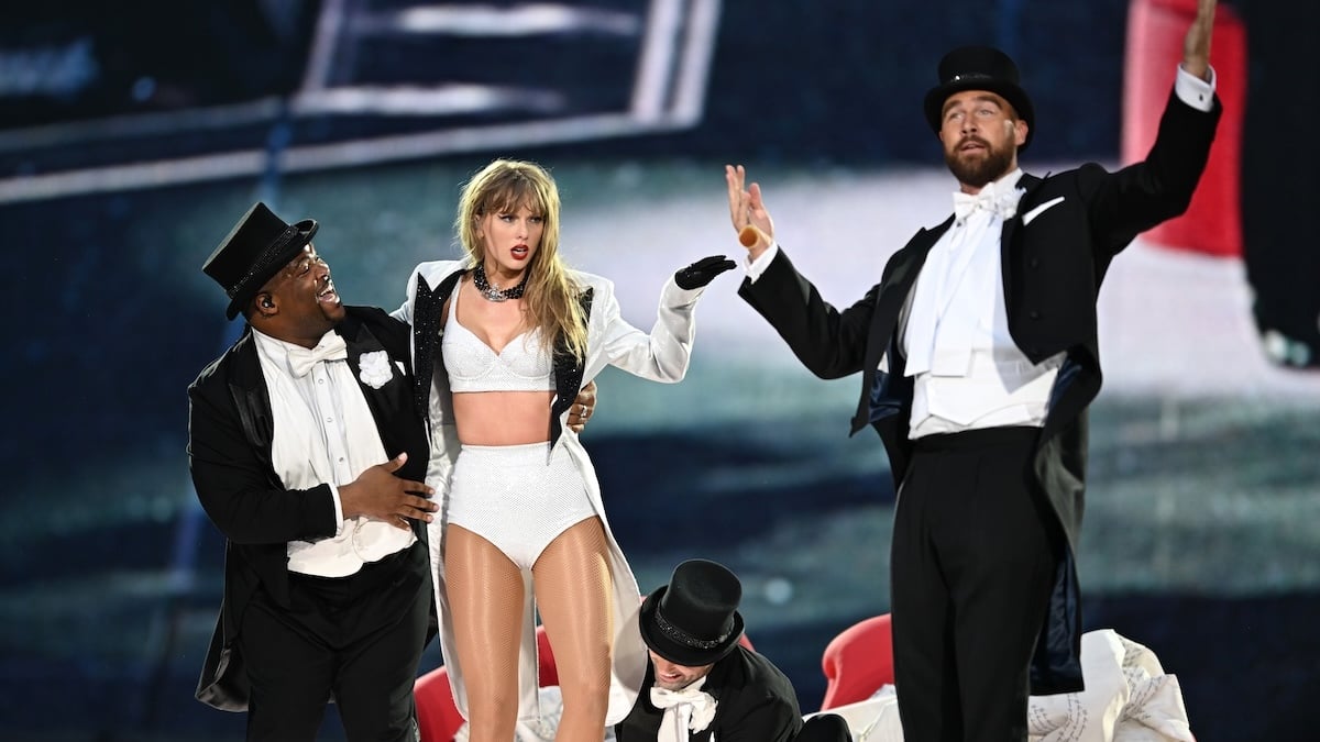 Travis Kelce on stage with Taylor Swift at the London Night 3 show at the Eras Tour