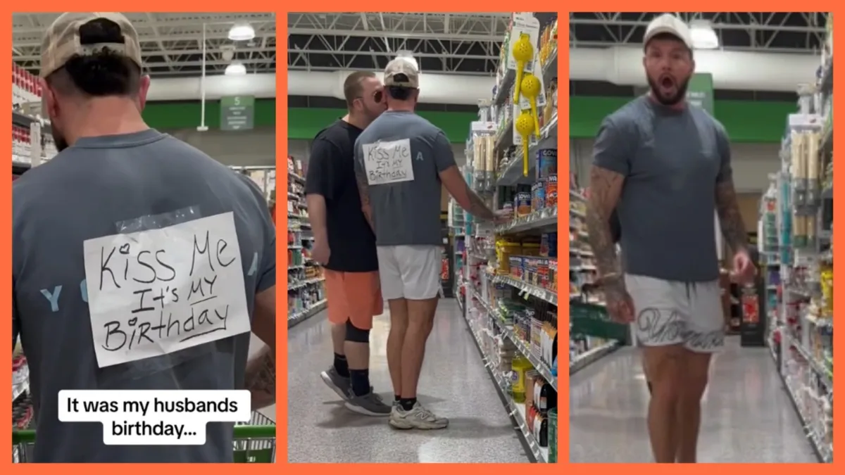 'Someone actually did it': Wife secretly tapes 'kiss me' sign to husband's back, and watches him freak out when random stranger puckers up