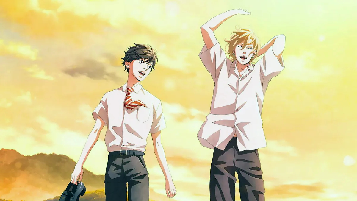 Promotional picture of Twilight Out of Focus showing Mao and Hisashi smiling while walking