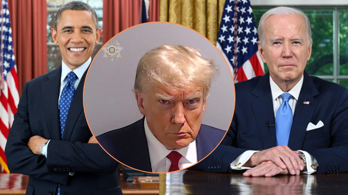 Barack Obama and Joe Biden in split images with an overlay of Donald Trump's mugshot.