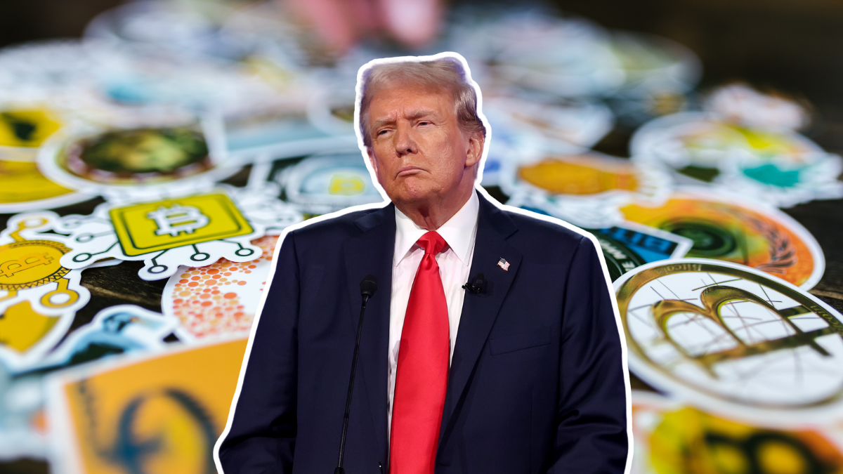 Donald Trump against a backdrop of stickers