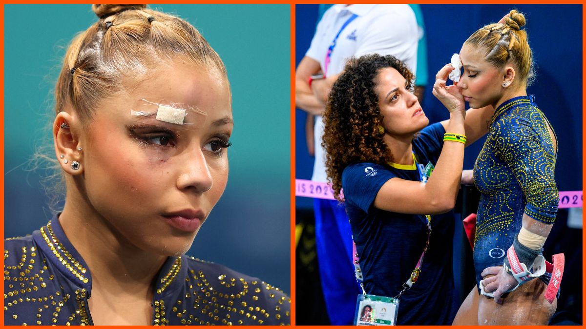 PARIS, FRANCE - JULY 30: Flavia Saraiva of Team Brazil receives medical treatment during the Artistic Gymnastics Women's Team Final on day four of the Olympic Games Paris 2024 at the Bercy Arena on July 30, 2024 in Paris, France.
