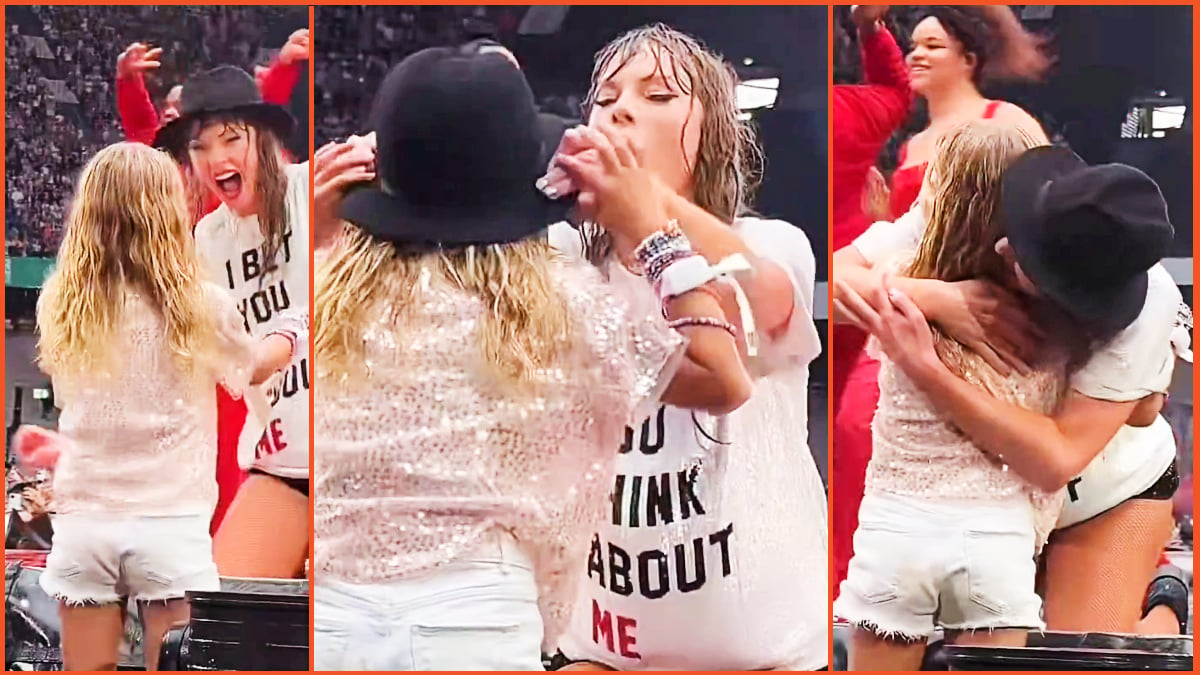 Taylor Swift giving the hat to a fan during "22" in Hamburg N1 of The Eras Tour