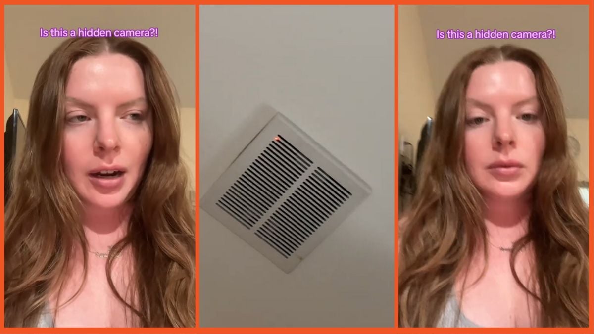 Screenshots of a woman talking and a bathroom vent