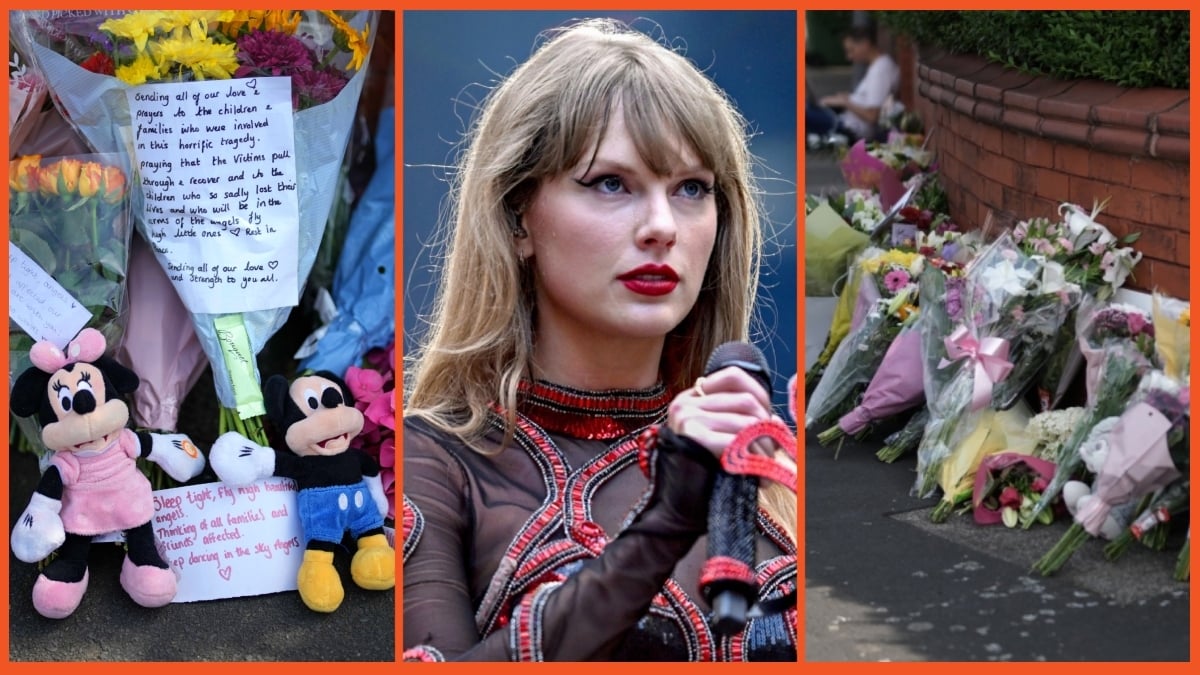 Tributes to the victims are left by wellwishers on July 30, 2024 in Southport, England. A teenager armed with a knife attacked children at a Taylor Swift-themed holiday club in Hart Lane, Southport yesterday morning. Two children have died and six children and two adults remain in a critical condition in hospital. A 17-year-old boy has been arrested. (Photo by Christopher Furlong/Getty Images) Taylor Swift performs on stage during "Taylor Swift | The Eras Tour" at Wembley Stadium on June 23, 2024 in London, England. (Photo by Gareth Cattermole/TAS24/Getty Images for TAS Rights Management )