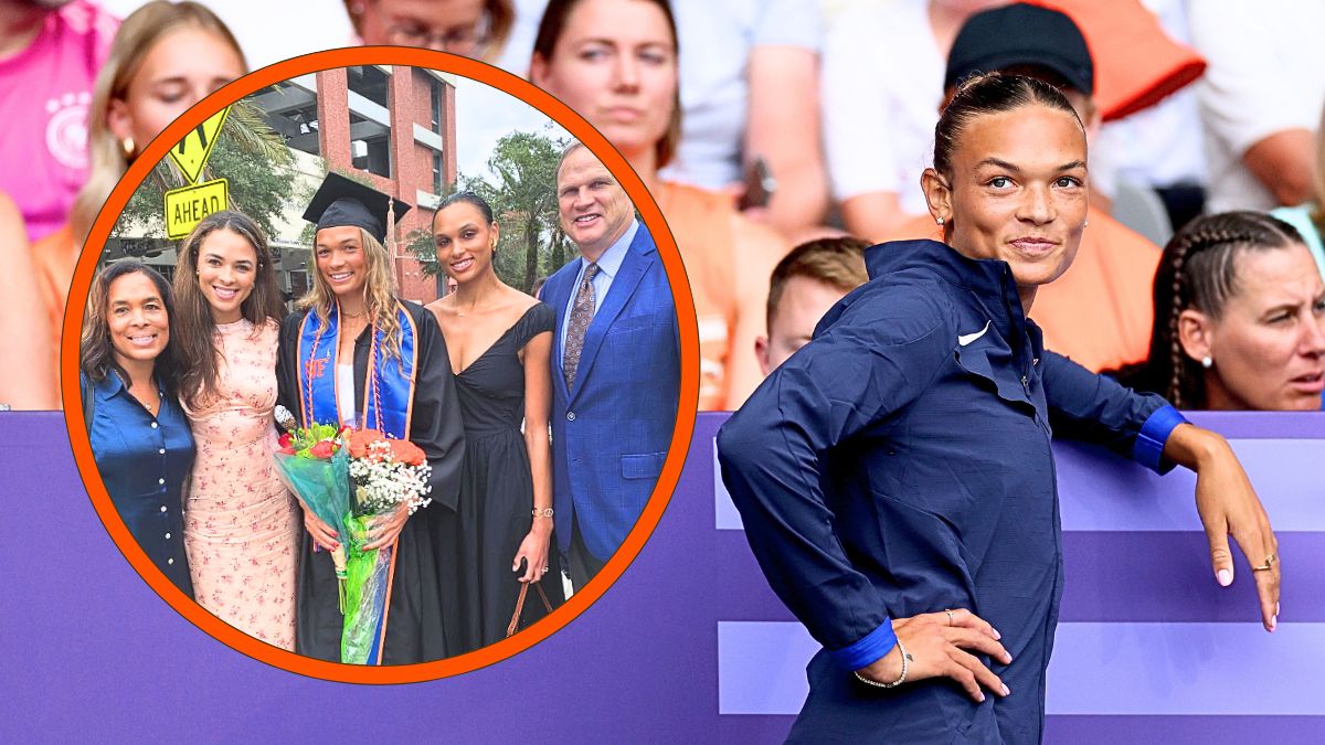 Photo montage of Anna Hall at the 2024 Paris Olympics and the athlete with her family during her graduation ceremony.