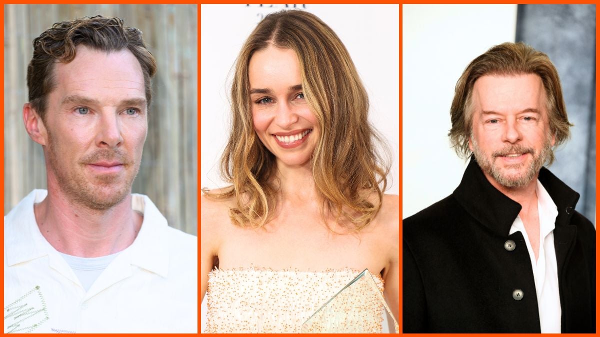 Images of Benedict Cumberbatch on the left, Emilia Clarke in the middle, and David Spade on the right.