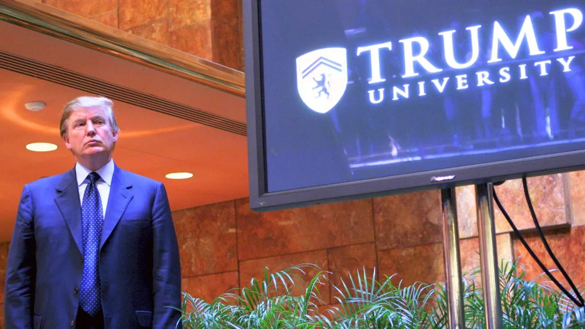 Real estate mogul Donald Trump holds a media conference announcing the establishment of Trump University May 23, 2005 in New York City. Trump University will consist of on-line courses, CD-Roms and other learning programs for business professionals.