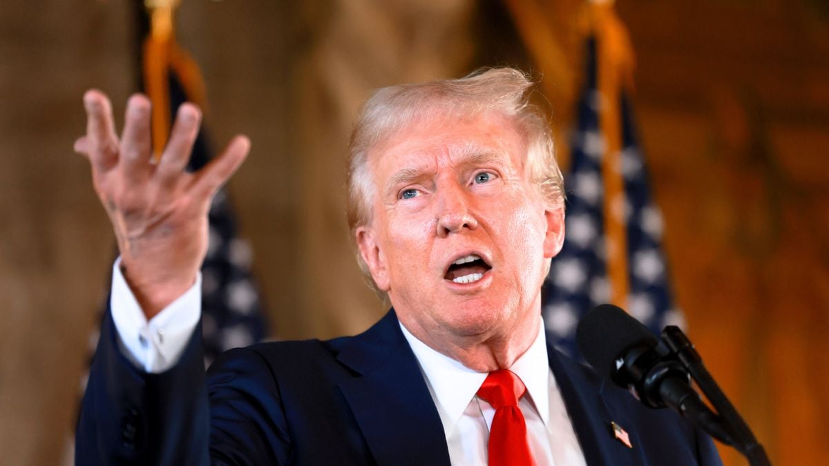 Republican presidential candidate former President Donald Trump speaks during a press conference at Mr. Trump's Mar-a-Lago estate on August 08, 2024, in Palm Beach, Florida. Polls currently show a close race between Trump and Democratic presidential candidate, U.S. Vice President Kamala Harris. (Photo by Joe Raedle/Getty Images)