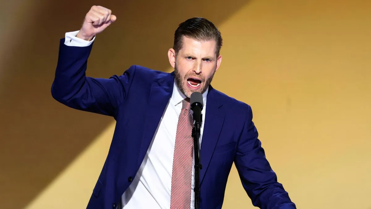 MILWAUKEE, WISCONSIN - JULY 18: Eric Trump, son of former U.S. President Donald Trump, speaks on stage on the fourth day of the Republican National Convention at the Fiserv Forum on July 18, 2024 in Milwaukee, Wisconsin. Delegates, politicians, and the Republican faithful are in Milwaukee for the annual convention, concluding with former President Donald Trump accepting his party's presidential nomination. The RNC takes place from July 15-18. (Photo by Chip Somodevilla/Getty Images)