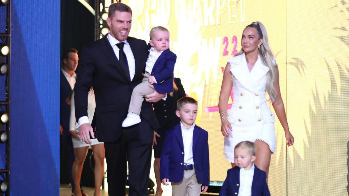 LOS ANGELES, CALIFORNIA - JULY 19: Freddie Freeman and Family arrive at The 2022 MLB All-Star Game Red Carpet Show at XBOX Plaza on July 19, 2022 in Los Angeles, California. (Photo by Jerritt Clark/Getty Images)