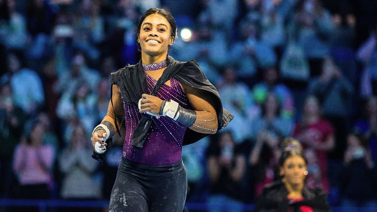 Gabby Douglas reacts as she is introduced to the spectators during the 2024 Core Hydration Gymnastics Classic at the XL Centre, Hartford, on May 18th, 2024, in Hartford, Connecticut. USA.