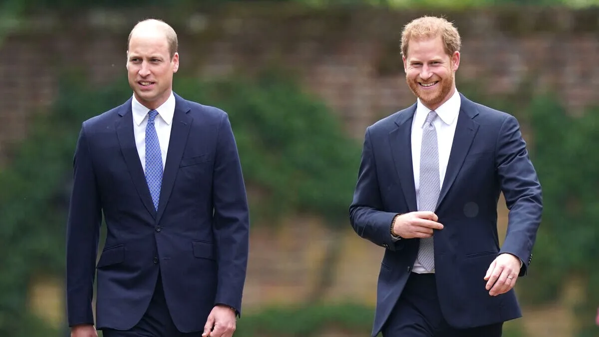 Prince William, Duke of Cambridge (left) and Prince Harry, Duke of Sussex arrive for the unveiling of a statue they commissioned of their mother Diana, Princess of Wales, in the Sunken Garden at Kensington Palace, on what would have been her 60th birthday on July 1, 2021 in London, England.