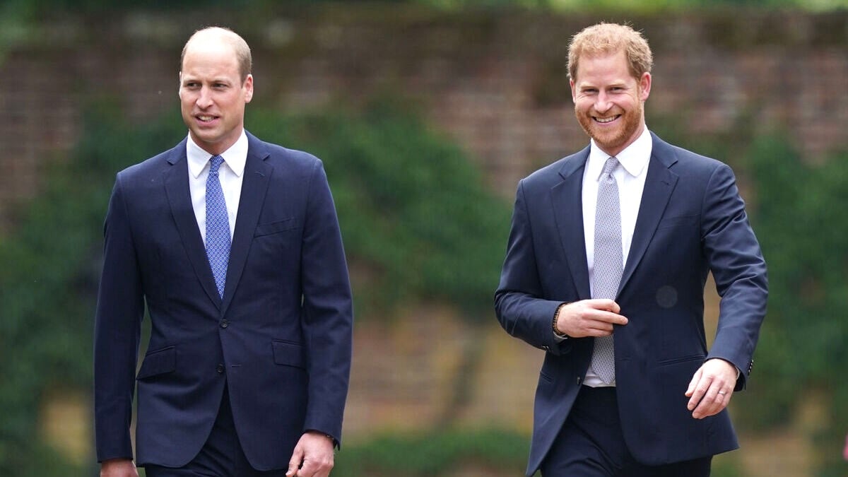 Prince William, Duke of Cambridge (left) and Prince Harry, Duke of Sussex arrive for the unveiling of a statue they commissioned of their mother Diana, Princess of Wales, in the Sunken Garden at Kensington Palace, on what would have been her 60th birthday on July 1, 2021 in London, England.