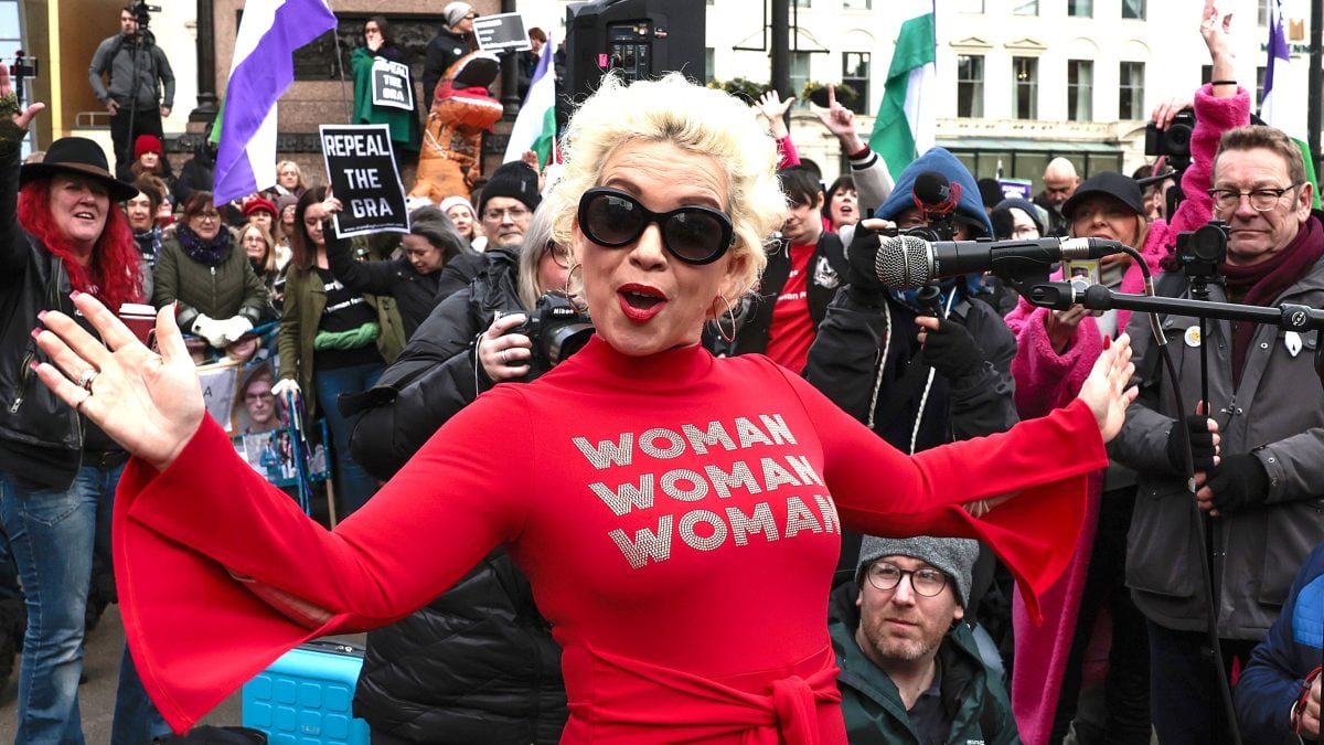 Posie Parker (Kelly Jay Keen) gestures during a Standing for Women protest on February 05, 2023 in Glasgow, Scotland. Keen, also known as Posie Parker, is the founder of Standing for Women, which opposes gender-recognition policies like the one recently passed by Scottish parliament. (Photo by Jeff J Mitchell/Getty Images)