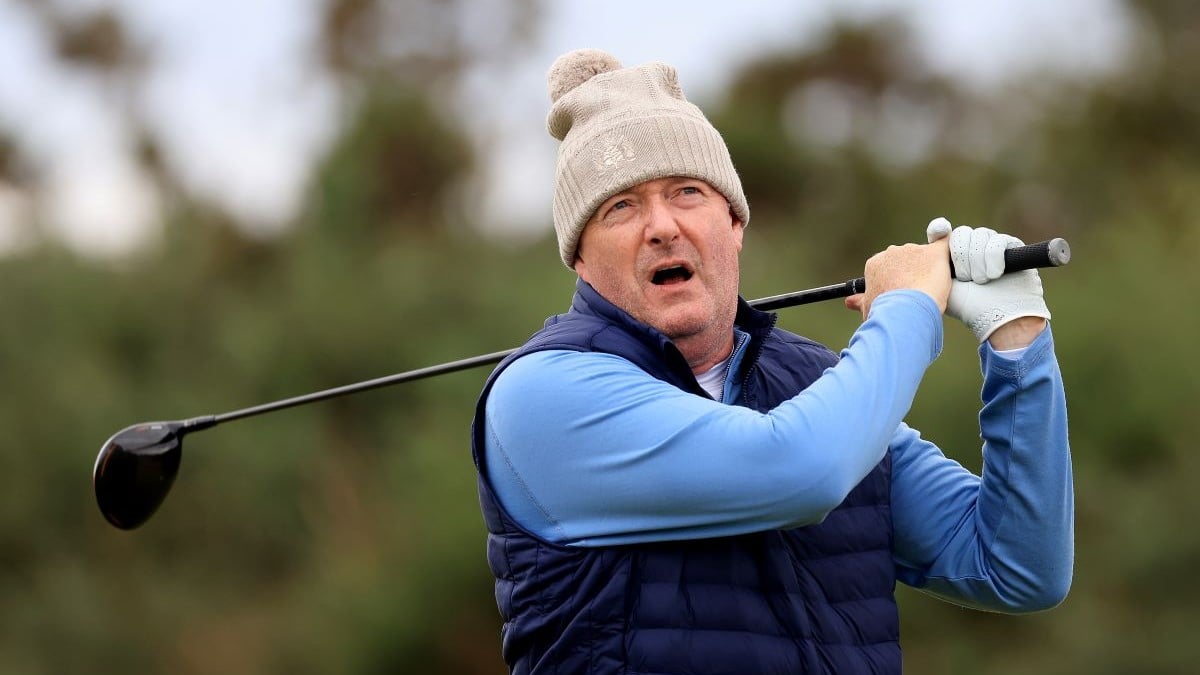 ST ANDREWS, SCOTLAND - OCTOBER 06: Journalist, Piers Morgan tees off on the first hole during Day Two of the Alfred Dunhill Links Championship at Kingsbarns Golf Links on October 06, 2023 in St Andrews, Scotland. (Photo by Stephen Pond/Getty Images)