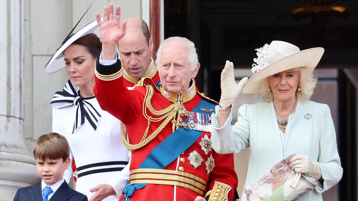 Prince Louis of Wales, Catherine, Princess of Wales, Prince William, Prince of Wales, King Charles III and Queen Camilla during Trooping the Colour at Buckingham Palace on June 15, 2024 in London, England.