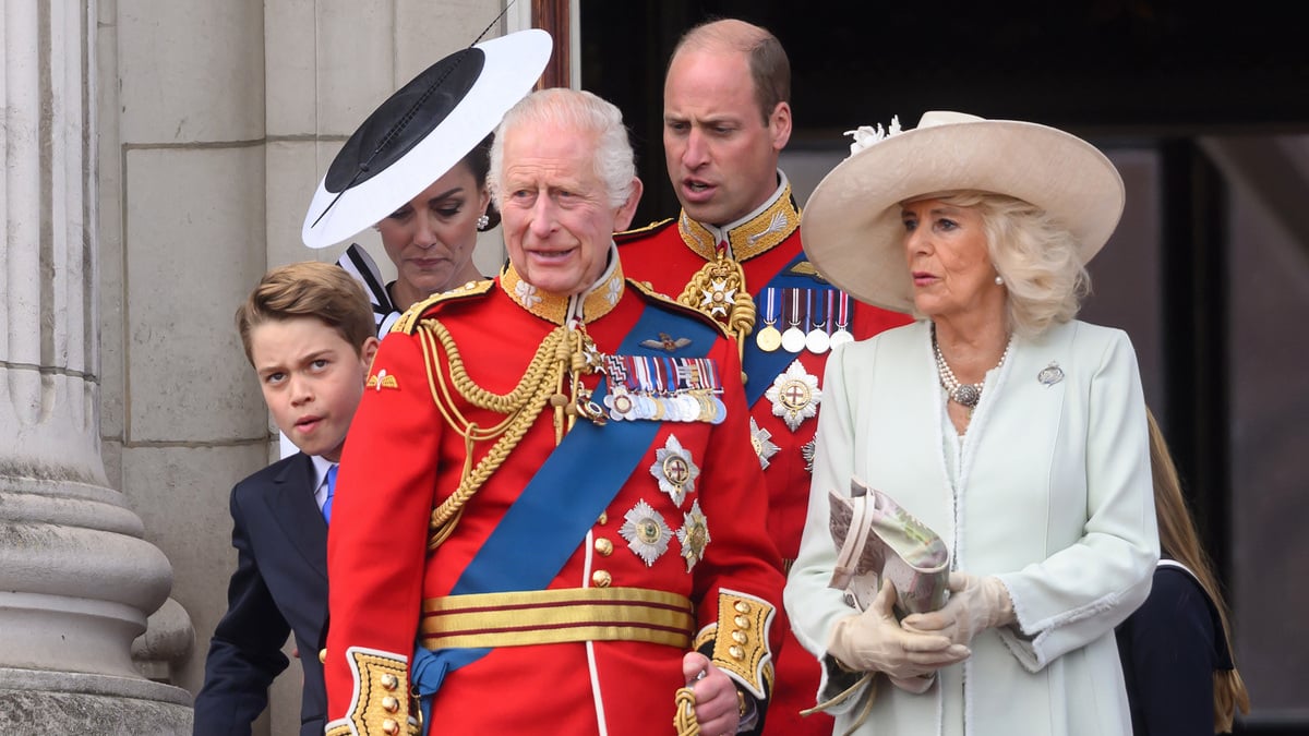 Prince George of Wales, Catherine, Princess of Wales, King Charles III, Prince William, Prince of Wales, and Queen Camilla on the balcony of Buckingham Palace during Trooping the Colour on June 15, 2024 in London, England. 