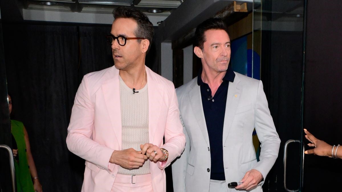 NEW YORK, NEW YORK - JULY 22: Ryan Reynolds and Hugh Jackman are seen at "Good Morning America" on July 22, 2024 in New York City. (Photo by Raymond Hall/GC Images)