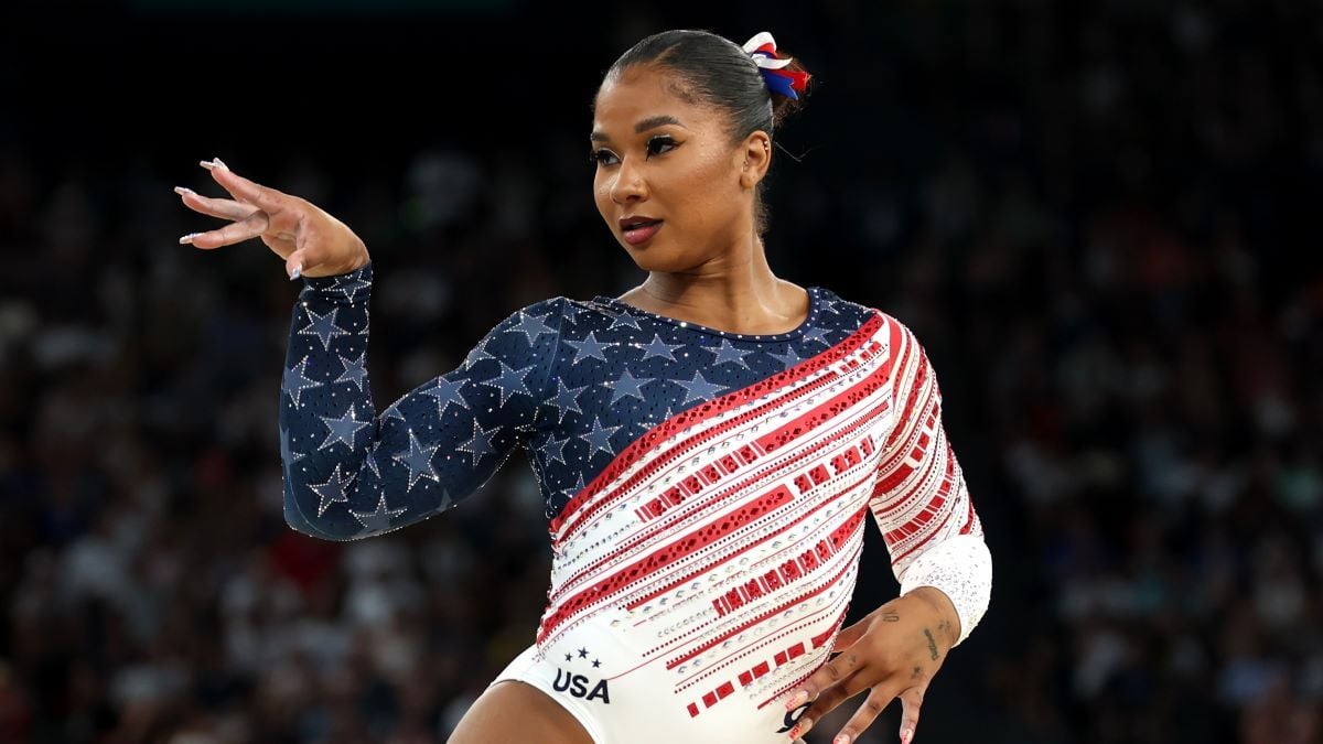 Jordan Chiles of Team United States competes in the floor exercise during the Artistic Gymnastics Women's Team Final on day four of the Olympic Games Paris 2024 at Bercy Arena on July 30, 2024 in Paris, France. (Photo by Naomi Baker/Getty Images)