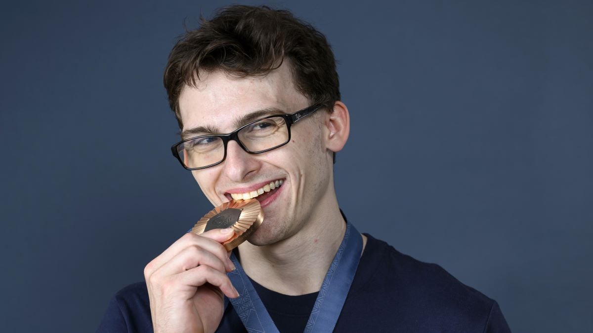 Olympian Stephen Nedoroscik of Team United States poses on the Today Show Set on July 30, 2024 in Paris, France. (Photo by Kristy Sparow/Getty Images)