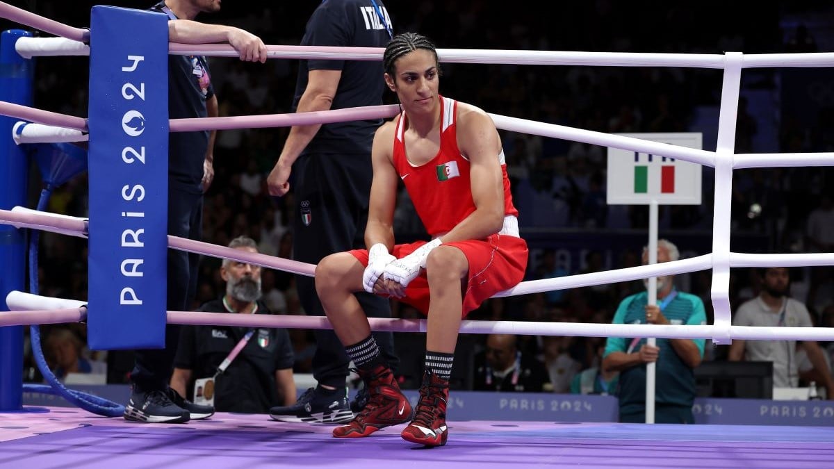 PARIS, FRANCE - AUGUST 01: Imane Khelif of Team Algeria looks on after Angela Carini of Team Italy abandons the Women's 66kg preliminary round match in the first round on day six of the Olympic Games Paris 2024 at North Paris Arena on August 01, 2024 in Paris, France. (Photo by Richard Pelham/Getty Images)
